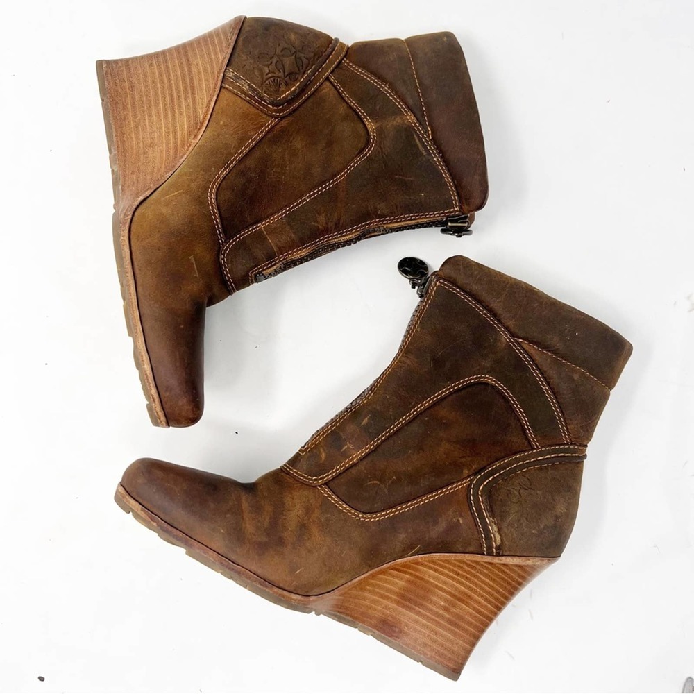 Timberland Vintage Brown Leather Wedge Ankle Boots Booties Womens 5.5 Distressed - Picture 2 of 9